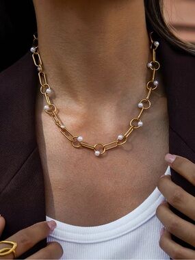 18K Gold Plated Faux Pearl Link Necklace